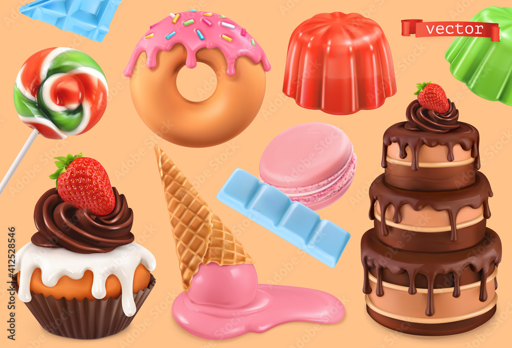 Wall mural sweet set. 3d vector realistic objects. cupcake, cake, donuts, jelly, ice cream, candy. food icons