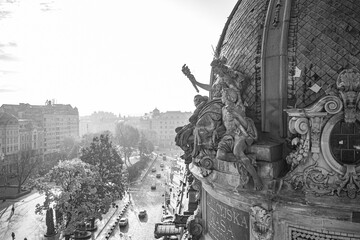 Aerial view on ETNOGRAPHY MUSEUM (FORMER GALICIAN SAVING'S BANK BUILDING). Sitting statue of liberty