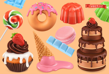 Sweet set. 3d vector realistic objects. Cupcake, cake, donuts, jelly, ice cream, candy. Food icons