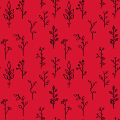 Hand drawn seamless pattern with various black branches (from different rounds and stripes) isolated on a red background.