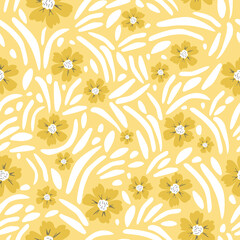 Seamless Pattern Yellow Flowers White Geometric Spots Yellow Background Vector Illustration