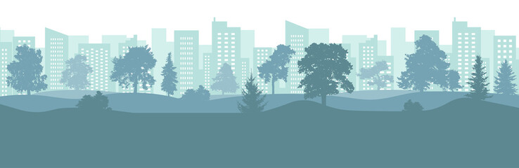 City park silhouette with beautiful trees on background of skyscrapers and tall buildings. Vector illustration.