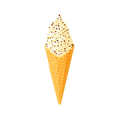 Ice cream cone with chocolate cereal flakes. Design template sundae for AD, promo, menu, flyer. Vector illustration cartoon icon isolated on white background.