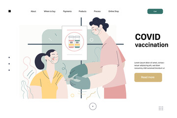 Fototapeta na wymiar Medical insurance web page template- coronavirus COVID-19 vaccination -modern flat vector concept digital illustration of a therapist vaccinating a female patient, medical office or laboratory