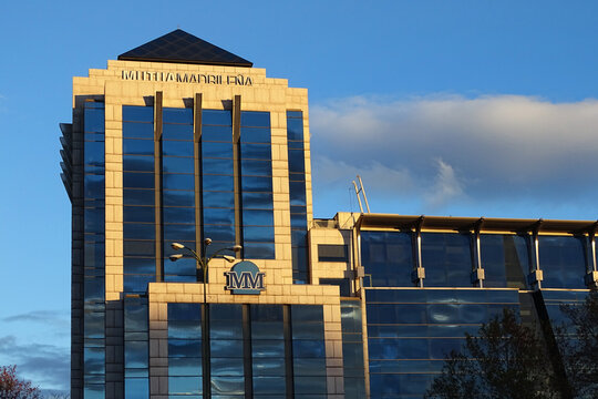 Madrid, Spain - December 18, 2016: Building of Mutua Madrilena, or La Mutua, a large Spanish insurance company founded in 1930.