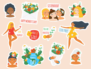 Female stickers collection. Big set of women badges for 8 march celebration, body positive and feminist concept. Inspirational quotes for self care and Girls of different cultures with slogans