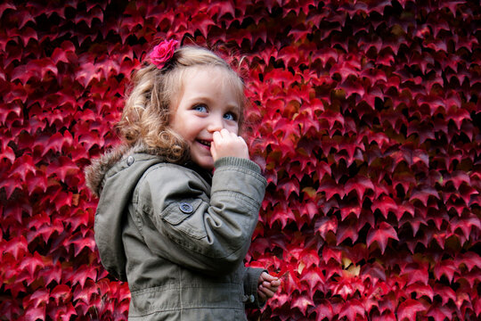 Portrait of a smiling girl standing by an red bush in autumn, Poland