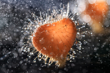 Orange champagne or eyelash cup mushroom, Cookeina tricholoma, with sparkling water droplets in tropical forest, macro close-up photography