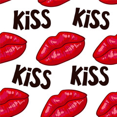 Lips seamless pattern on white background. Sexy red kiss, makeup. Vector illustration. Colorful cartoon style. Desing for textile, clothes.
