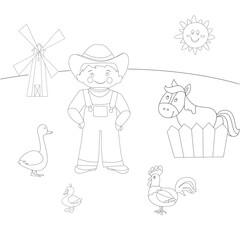 Coloring book with a farmer; a windmill and farm animals. Vector illustration for children in a simple cartoon style.