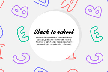 
Back to school banner template, vector iillustration on white background with cute cartoon alphabet letters