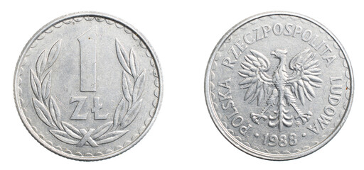 one Polish zloty coin on a white isolated background