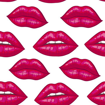 Lips seamless pattern on white background in pop art style. Sexy pink kisses, makeup. Colorful cartoon style. Desing for textile, clothes. Vector illustration.