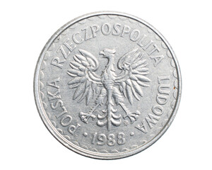 one Polish zloty coin on a white isolated background