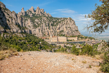 View to The Santa Maria de Montserrat Abbey and mountains, Catalonia, Spain