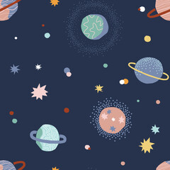 In outer space seamless vector pattern. Cosmic celestial bodies graphic print design for kid fabric