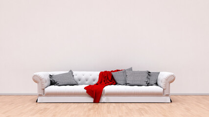 Sofa vor Wand im Wohnzimmer mit Platz für Bild