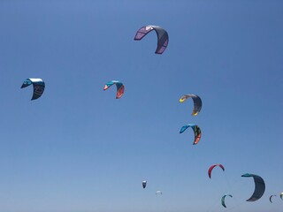 cometas de kitesurf de colores en el cielo azul de Tarifa
