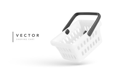 Realistic shopping cart is flying isolated on white background. Empty shopping basket. Vector illustration
