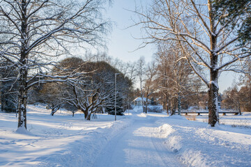 View of The Pumpviken park in winter, pedestrian road and trees, Karjaa, Raseborg, Finland