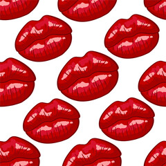 Lips seamless pattern on white background in pop art style. Sexy womans red kiss, makeup. Vector illustration.