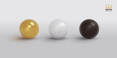Set of realistic spheres and balls golden, white and black colored with a shadow. Blank of white round sphere or 3d ball. Vector illustration. Isolated on white background.