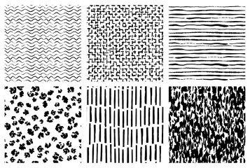 Hand drawn ink pattern and textures. Seamless abstract vector backgrounds in black and white. Trendy monochrome brush marks. - 412540950