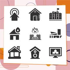 Simple set of 9 icons related to cottage