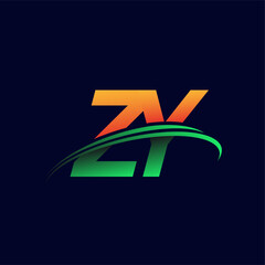 initial logo ZY company name colored orange and green swoosh design, isolated on dark background. vector logo for business and company identity.