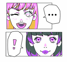 Vaporwave retro cartoon anime character. Сomic strip with short-haired girl and speech bubble.