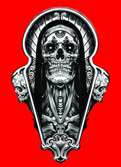 skull red psychedelic sketch tattoo print vector illustration