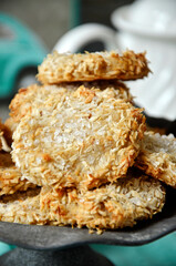 Oatmeal cookies with banana and sugar on a gray plateau