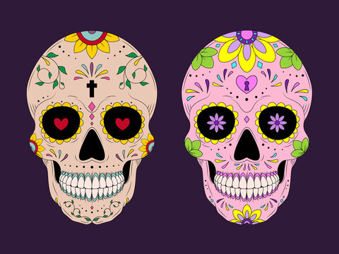 The main symbols of the holiday on the dark background. Day of the dead. Vector illustration background.