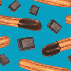 Churros with dark chocolate bar seamless pattern with blue background - watercolor spanish, mexican and brazilian dessert - roasted pastry with filling. Hand drawn illustration.