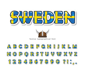 Sweden cartoon font. Swedish national flag colors. Scandinavian culture. Bright alphabet for design. Paper cutout glossy ABC letters and numbers. Vector
