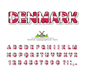 Denmark cartoon font. Danish national flag colors. Bright alphabet for design. Paper cutout glossy ABC letters and numbers. Vector