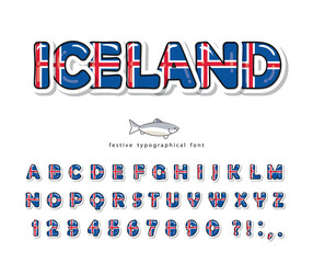 Iceland cartoon font. Icelandic national flag colors. Bright alphabet for design. Paper cutout glossy ABC letters and numbers. Vector
