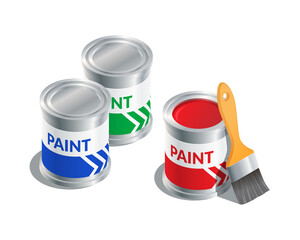 Isometric vector illustration paint buckets and brush isolated on white background. Realistic paint cans and brush icon in flat cartoon style. Painting, renovation and reconstruction.