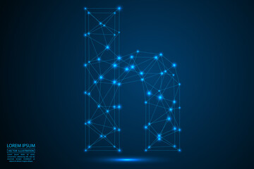 English letters abstract font consists 3d of triangles, lines, dots and connections. On a dark blue background cosmic universe stars, meteorites, galaxies. Vector illustration EPS 10.