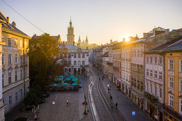 Fototapeta na wymiar Aerial view on Market square in Lviv, Ukraine from drone