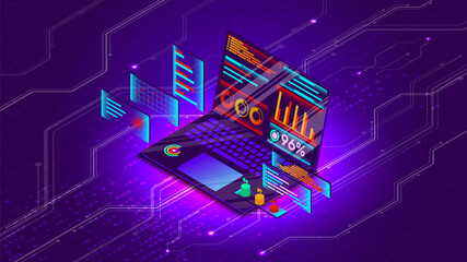 Isometric projection of a laptop with business graphs. The concept of data analysis on electronic portable devices. Programming. Software coding. The interface of the future.