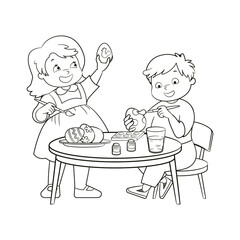 little children, a boy and a girl are painting Easter eggs while sitting at a round table. coloring book, vector illustration, black and white sketch, line art