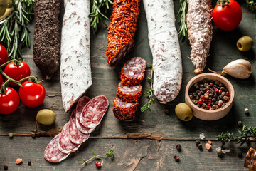 Variety of dry cured fuet and chorizosalami sausages, Traditional Spanish sausage. banner, menu...