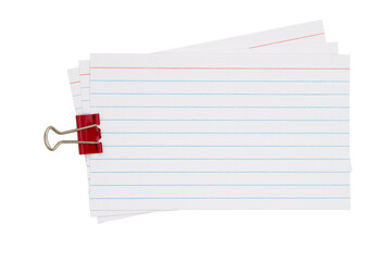 Retro white paper index cards with paper clip isolated on white