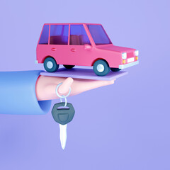 Automobile dealer, buy or rent car. Hand hold car keys. Modern 3D illustration