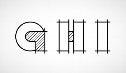 Architech font. Letters GHI. Graphic black and white alphabet. Linear drawing alphabet for banners, logos and texts. Vector illustration.