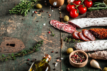 Traditional sausage and sausage with mold. fuet and chorizosalami sausages, Traditional Spanish sausage on wooden board with spices. banner, menu recipe place for text, top view