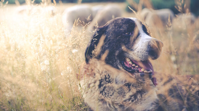 Perro pastor descansa en el monte
