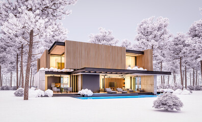3d rendering of modern cozy house with parking and pool for sale or rent with wood plank facade and beautiful landscaping on background. Cool winter night with cozy light from windows