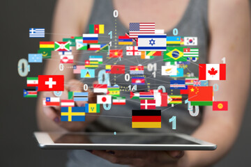 Global communication and international messaging concept, national flags of world